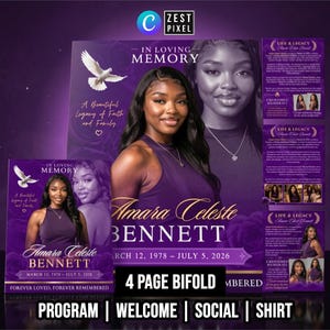 Könnte beinhalten: Eine violette Vorlage für ein Trauerprogramm mit dem Porträt einer Person, dem Text In Loving Memory, Amara Celeste Bennett, 12. März 1978 – 5. Juli 2026 und Forever Loved, Forever Remembered. Enthält eine weiße Taubengrafik und Life & Legacy-Abschnitte.