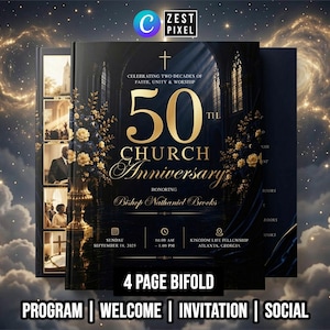 May include: A dark blue 4-page bifold church anniversary program. The cover features gold text that reads "50th Church Anniversary" with a cross and floral accents. The program includes the text "Celebrating Two Decades of Faith, Unity & Worship."