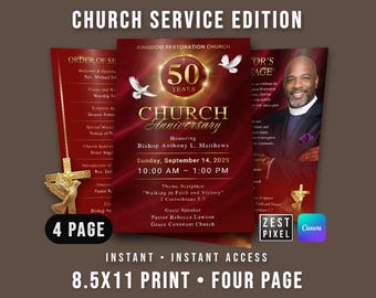 Church Anniversary Program Template (Editable with Canva), Worship Service Bulletin 8.5x11