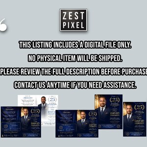 Luxury church program design featuring script lettering, formal attire portrait, and cathedral atmosphere.