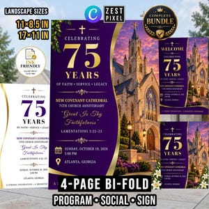 May include: A digital design bundle for a 75th church anniversary featuring purple and gold graphics, text reading Celebrating 75 Years of Faith Service Legacy, New Covenant Cathedral, and Great Is Thy Faithfulness, with images of a cathedral.