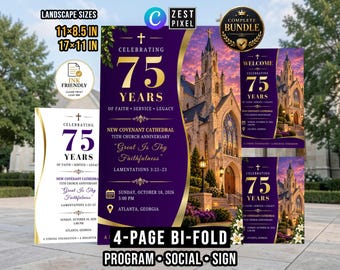 Purple Church Anniversary Program Template, 4 Page Bifold Canva Bundle with Welcome Sign