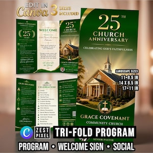 Church Anniversary Template Bundle, Emerald Green Program, Welcome Sign and Social Media