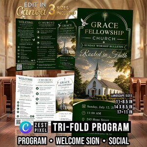 May include: A tri-fold church program template in dark green and gold featuring the text Grace Fellowship Church, Sunday Worship Bulletin, and Rooted in Faith. The design includes a white church building, event details, and three sizes: 11x8.5, 14x8.5, and 17x11 inches.