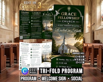 Green Church Bulletin Template, Weekly Worship Trifold Program, Editable Canva Sunday Service Bundle
