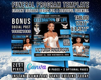 May include: Funeral program template with the text "Celebration of Life" featuring a woman in a white dress. Includes text "Victoria Anderson" and dates. Also includes bonus social post and tabloid sizes.