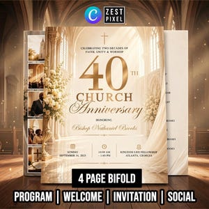 Könnte beinhalten: Ein vierseitiges Faltblatt für das Kirchenjubiläum. Das Design zeigt ein goldenes Kreuz, den Text "40th Church Anniversary" und den Namen "Bishop Nathaniel Brooks". Das Programm enthält Veranstaltungsdetails und ist mit Blumenarrangements dekoriert.