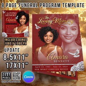 Elegant Red Funeral Program Template | 8-Page Canva Obituary Booklet | Celebration of Life | Printable Memorial Service PDF