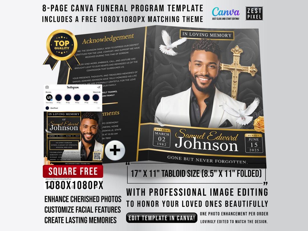 Black Gold Funeral Program Template Canva | 8 Page Obituary Booklet ...