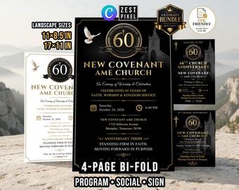 Black Gold Church Anniversary Program Bundle | 4 Page Bifold Worship Bulletin | Canva Download