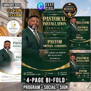 Emerald Green Gold Church Program Bundle: Pastor Installation Template, Editable Canva Bifold