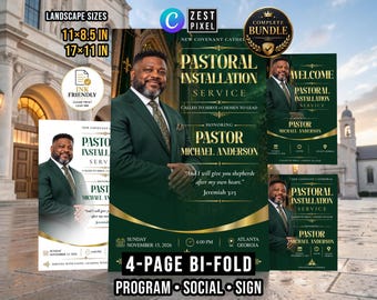 Emerald Green Gold Church Program Bundle: Pastor Installation Template, Editable Canva Bifold