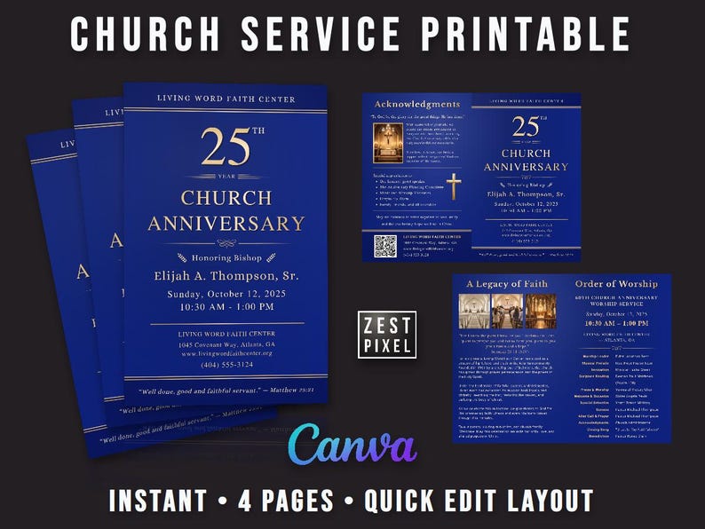 Church Anniversary Template | Editable Worship Bulletin Canva | 4 Page ...