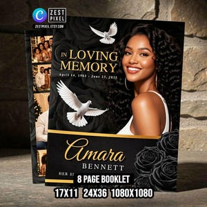 Funeral Program Booklet Template: Editable Black Gold Memorial Service (Digital Download)