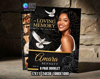 Funeral Program Booklet Template: Editable Black Gold Memorial Service (Digital Download)