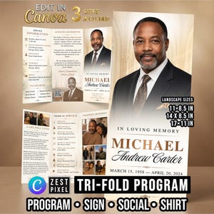 Elegant Funeral Program Trifold Template Canva Editable Celebration Of Life Brochure
