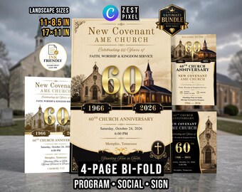 Black Gold Church Anniversary Bundle | Editable Canva Program Social Post and Welcome Sign
