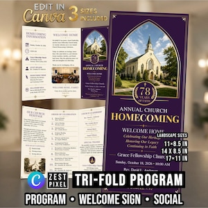 Mall för kyrkans hemkomstprogram, lila guldfärgad canvas trippelvikt, välkomstskylt och sociala medier