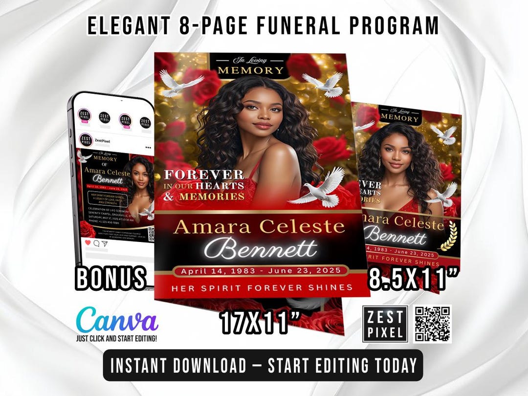Red Funeral Program Template: 8-page Memorial (canva, PDF Download ...