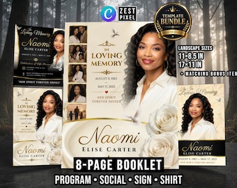 White Funeral Booklet Template, 8 Page Celebration of Life Program, Canva Bundle