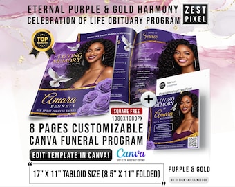 Purple Gold Funeral Program Template Canva 8 Page Tabloid 17x11 Editable Obituary Celebration of Life Booklet