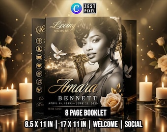 Black & Gold Funeral Program Template Canva 8-Page Memorial Obituary (Instant Download)