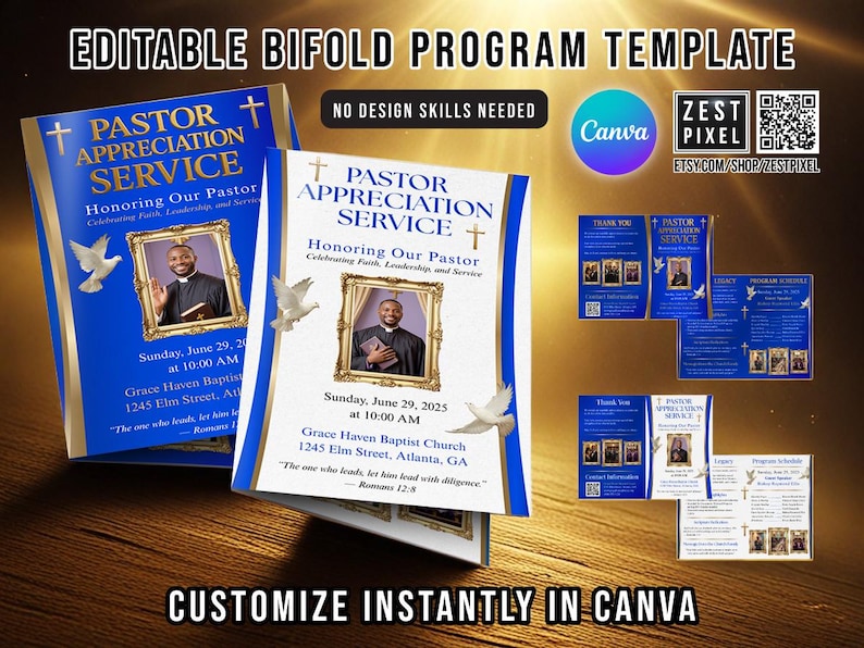 Pastor Appreciation Program Template | 11x8.5 Bifold Church Service ...