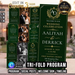 Könnte beinhalten: Eine dunkelgrüne und goldene dreifach gefaltete Hochzeitskarten-Vorlage mit den Namen Aaliyah und Derrick, dem Datum 9. August 2025 und dem Ort First Baptist Church, Houston, Texas, inklusive verschiedener Layout-Optionen und Fotoplatzhalter.