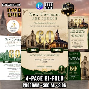 Op de afbeelding: Een digitaal ontwerpsjabloon voor een 60-jarig kerkjubileumprogramma met de tekst New Covenant AME Church, Celebrating 60 Years of Faith, Worship & Kingdom Service, gouden accenten, kerkafbeeldingen en de jaartallen 1966-2026.