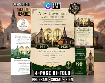 Green Gold Church Anniversary Bifold Program | Editable Canva Social Post and Welcome Sign