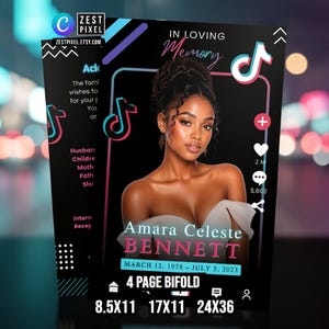 Op de afbeelding: Een zwarte 4-pagina's tellende gevouwen herdenkingskaart met een portret van een vrouw, de tekst "In Loving Memory" en pictogrammen in social media-stijl. De kaart bevat de naam "Amara Celeste Bennett" en de data "12 maart 1978 - 5 juli 2023." Maten zijn 21.6x28, 43.2x28, en 61x91.4 cm.