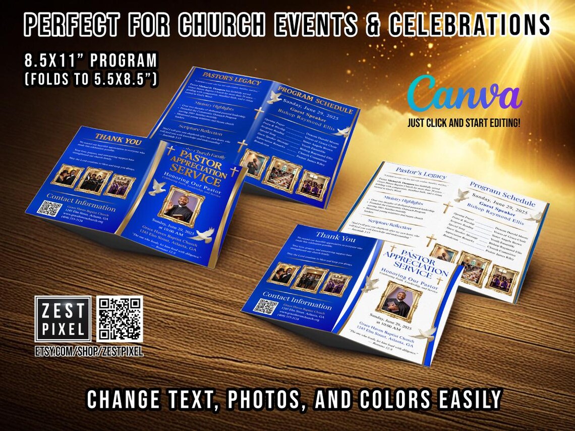 Pastor Appreciation Program Template | 11x8.5 Bifold Church Service ...