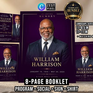 May include: A funeral programme template bundle featuring a deep purple background with gold text. The design includes a portrait of a man in a suit, the name William Harrison, dates 15 January 1945 to 20 May 2024, and the text A Life Well Lived.