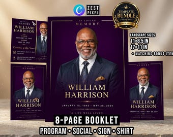 Purple Funeral Program Template | 8 Page Memorial Booklet | Editable Canva Celebration of Life Bundle