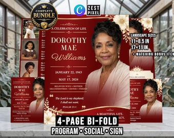Editable Funeral Program Template, Red Memorial Program, Bifold Celebration of Life Bundle