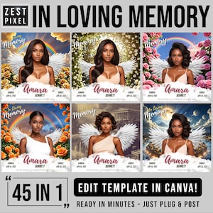 45 in 1メモリアルCanvaテンプレート | 愛を込めて追悼編集可能な死亡記事チラシ | Angel Wings葬儀プログラム写真デザイン