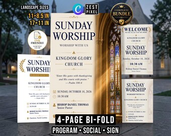 Worship Program Template, Sunday Church Bulletin, Minimal Editable Canva Service Bundle