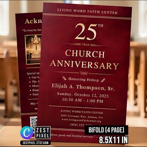 Elegant Church Anniversary Canva Template | Pastor Celebration Bulletin | Editable 4 Page Layout