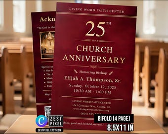 Elegant Church Anniversary Canva Template | Pastor Celebration Bulletin | Editable 4 Page Layout