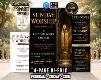 Church Worship Template, Sunday Service Program, Editable Canva Black Gold Bulletin Bundle
