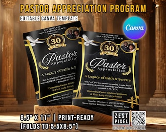 Può includere: Modello di programma di apprezzamento del pastore nero e oro. Presenta il testo "Pastor Appreciation" e "A Legacy of Faith & Service". Include immagini di colombe, una croce e un logo Canva. Il modello è 21,6 cm x 27,9 cm e si piega a 14 cm x 21,6 cm.