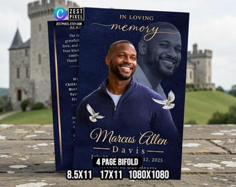 Navy Blue Funeral Program Template Canva, Celebration of Life Memorial Booklet Printable