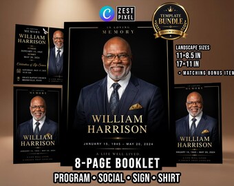 Black Memorial Booklet Template | 8 Page Obituary Program | Editable Canva Funeral Program Bundle