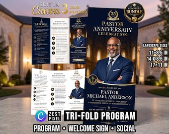 Pastoral Anniversary Program Template, Blue Gold Tri Fold Church Bulletin, Canva Editable