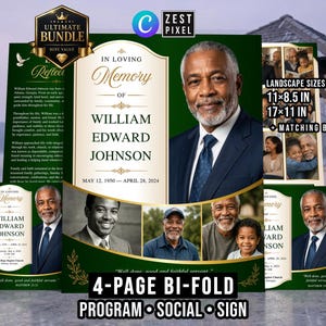 Peut inclure: Un ensemble de modèles de programme funéraire avec un thème vert foncé et doré. Le design inclut un portrait de William Edward Johnson, le texte In Loving Memory et des emplacements pour photos. Il affiche les dimensions 27,9x21,6 cm et 43,2x27,9 cm.