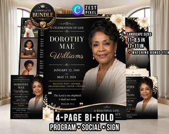 Funeral Program Bundle, Black Bifold Memorial Template, Editable Canva Obituary Program, Celebration of Life