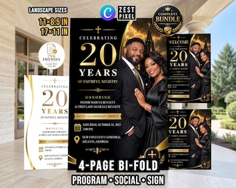 Pastor Anniversary Bifold Program, Black Gold Church Celebration Bundle, Editable Canva Template