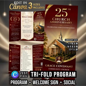 Peut inclure: Un modèle de programme d'église à trois volets en rouge profond et or présentant un bâtiment d'église en brique, le texte 25th Church Anniversary, Celebrating God's Faithfulness et Grace Covenant Community Church, avec des tailles 27,9x21,6 cm.
