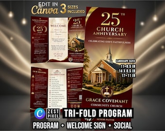 Church Anniversary Trifold Program, Red Gold Canva Template and Welcome Sign Bundle