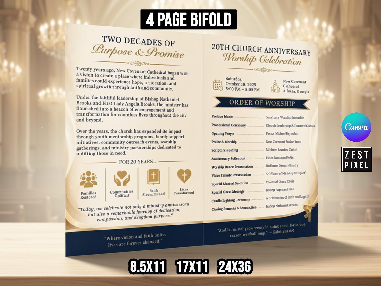 Pastor Anniversary Program Template Canva Editable Church Bifold ...